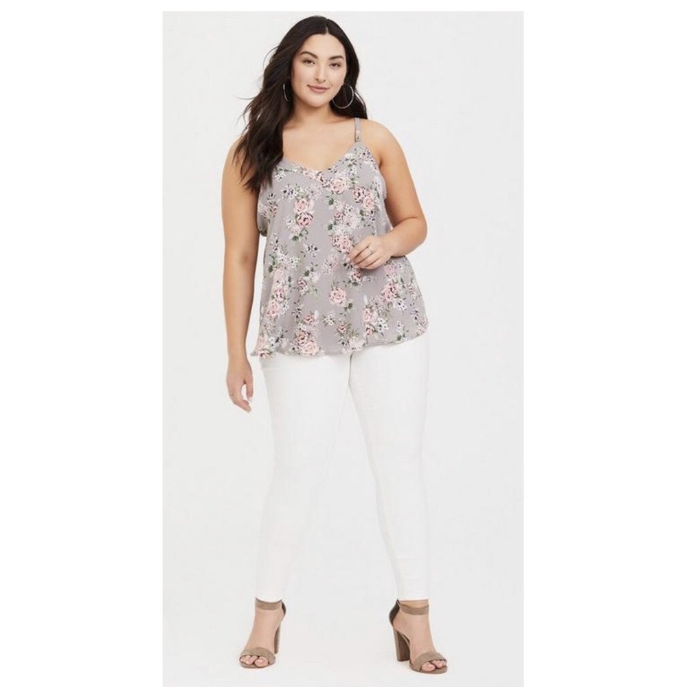 Torrid Womens Plus V Neck Gray Pink Floral Tie Back Tank Top Blouse Size 2